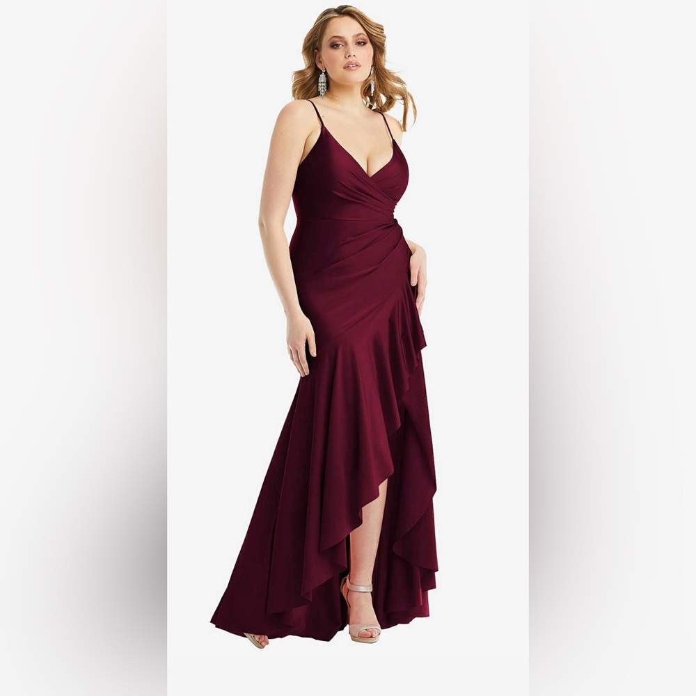 Cynthia & Sahar NWT Pleated Wrap Ruffled High Low Stretch Satin Gown in Cabernet